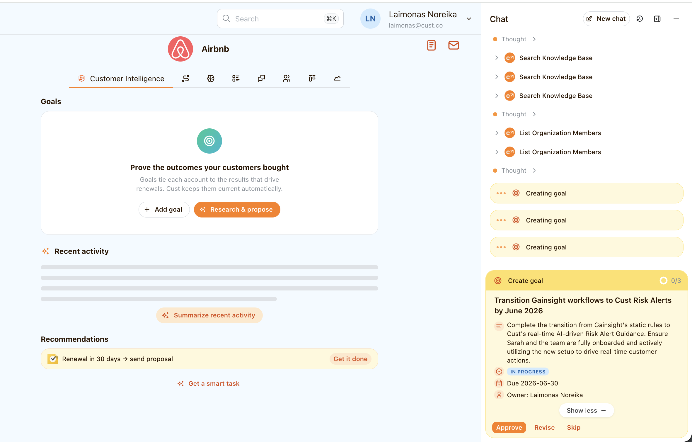 Cust drafting goals from account context, each ready to approve, revise, or skip
