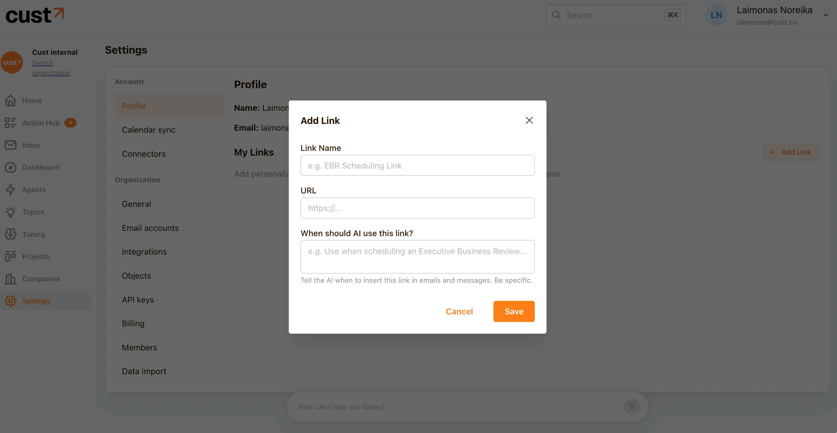 Profile settings page in Cust with the scheduling link field