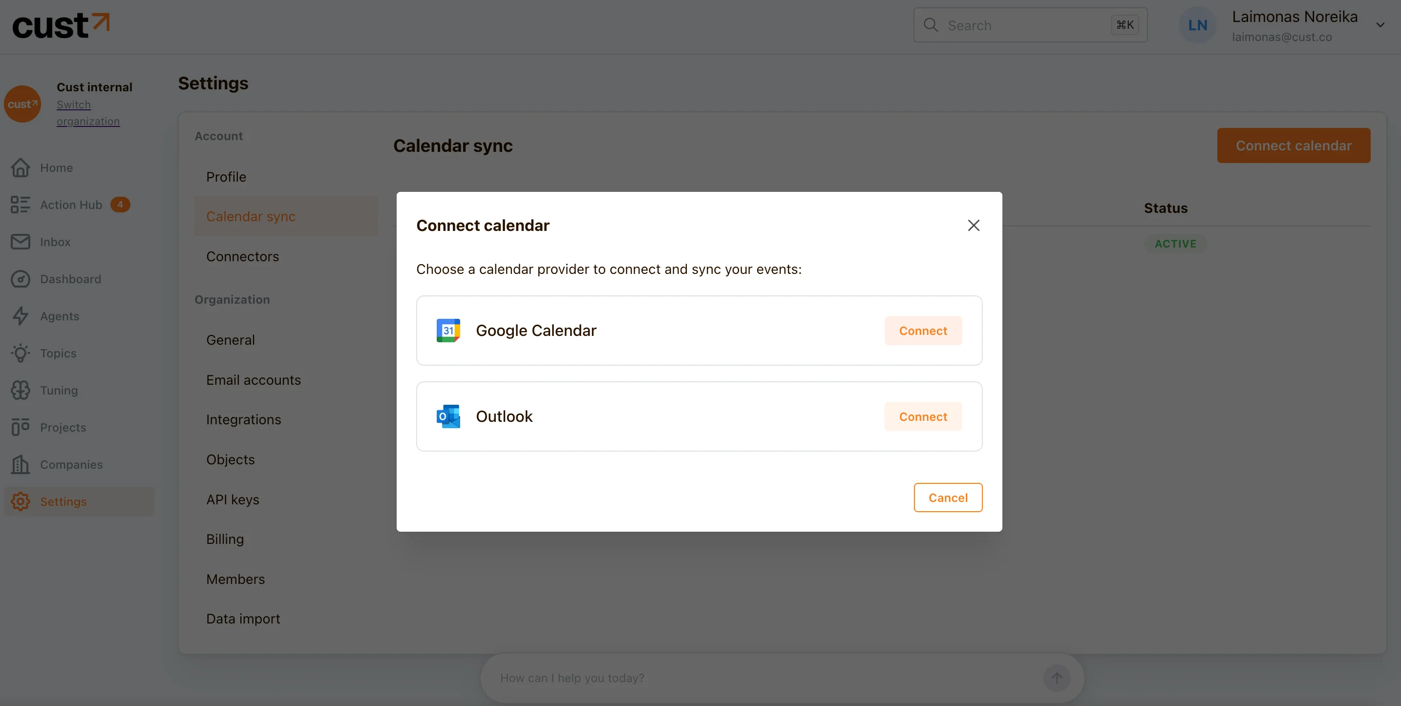 Calendar sync settings page in Cust