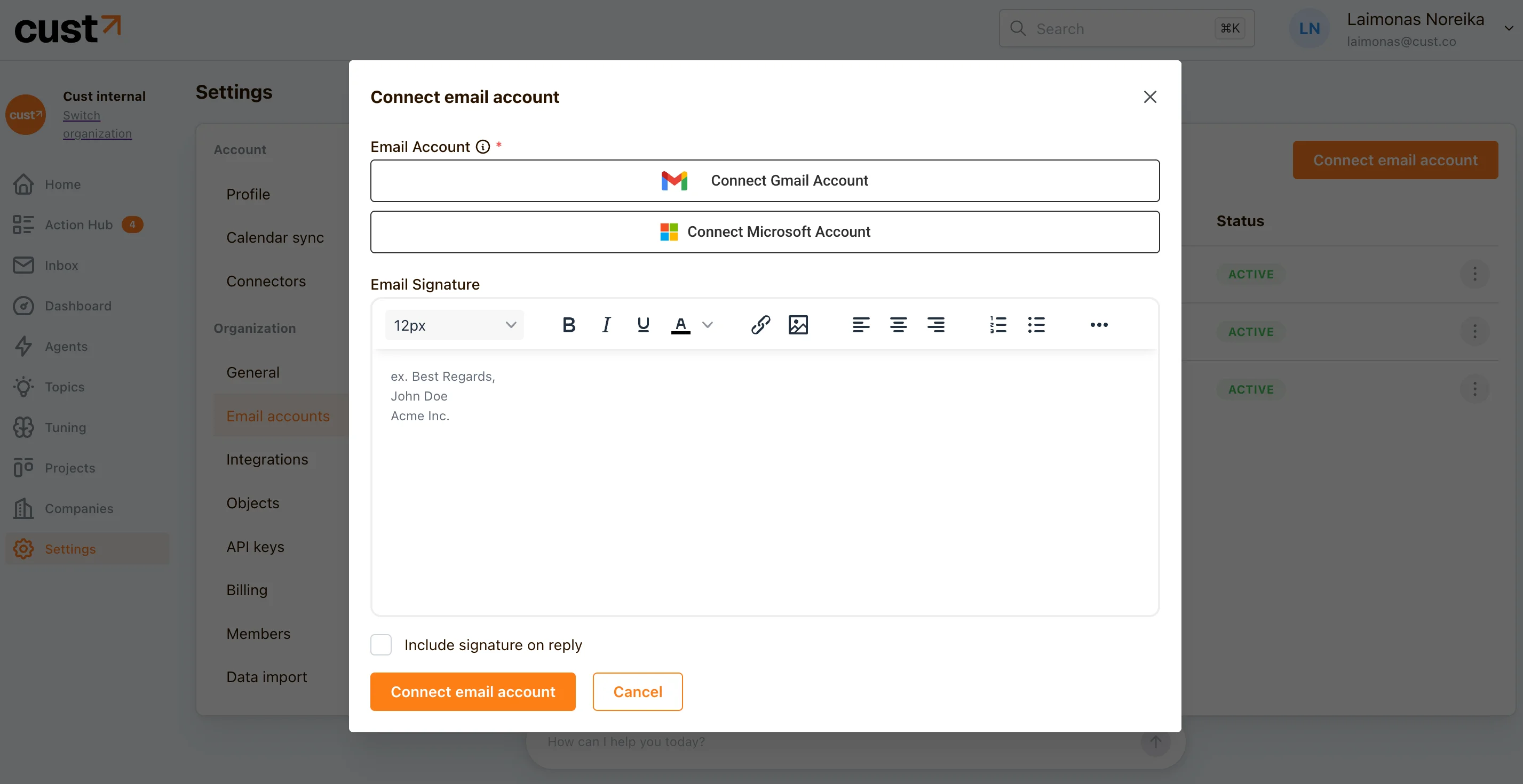 Email accounts settings page in Cust