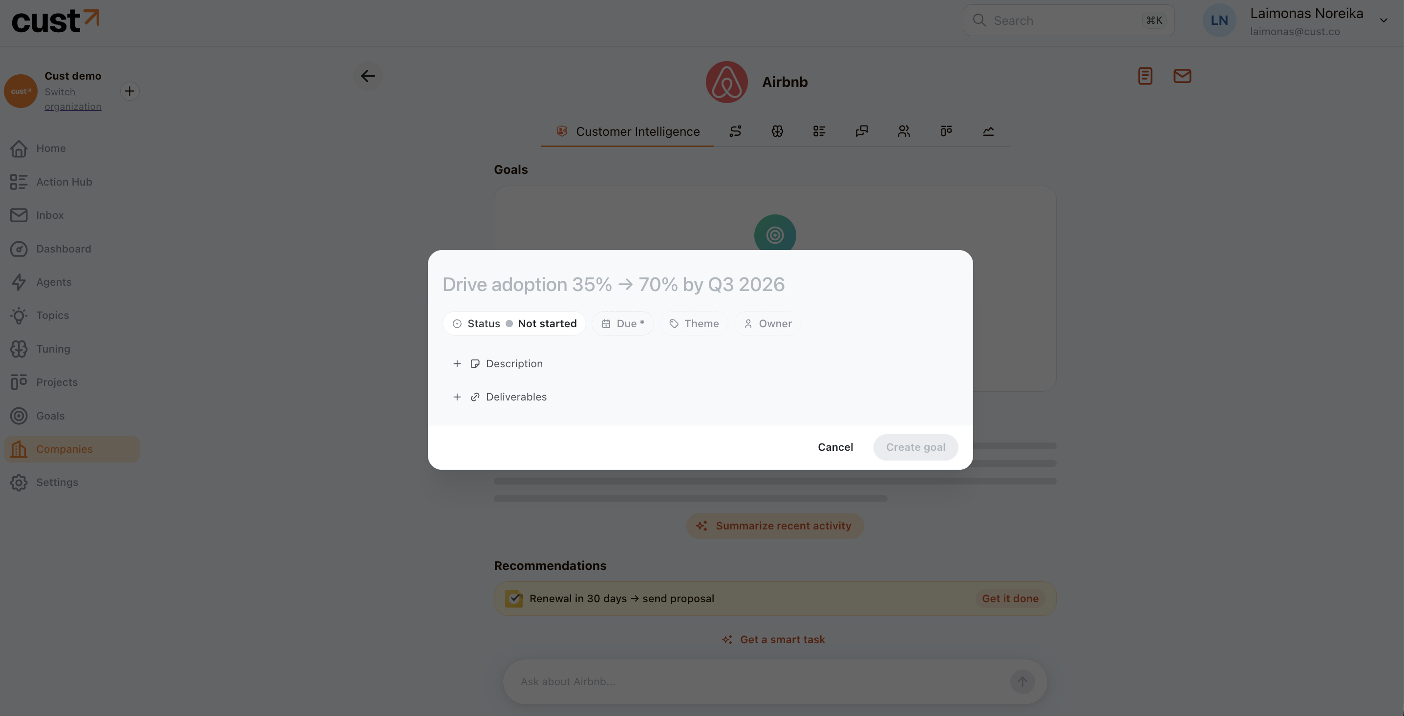 Creating a goal, with status, due date, theme, owner, and deliverables