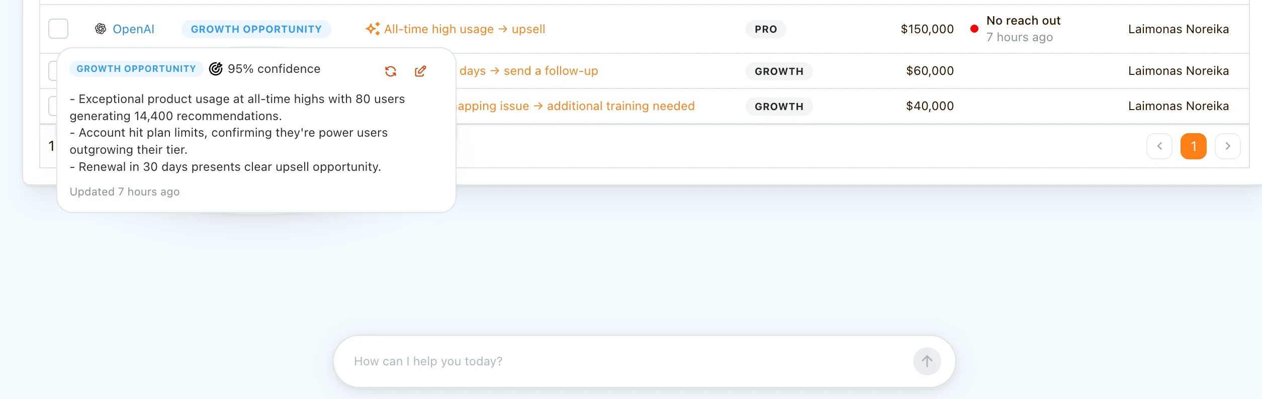 Health score reasoning trace shown on a customer record