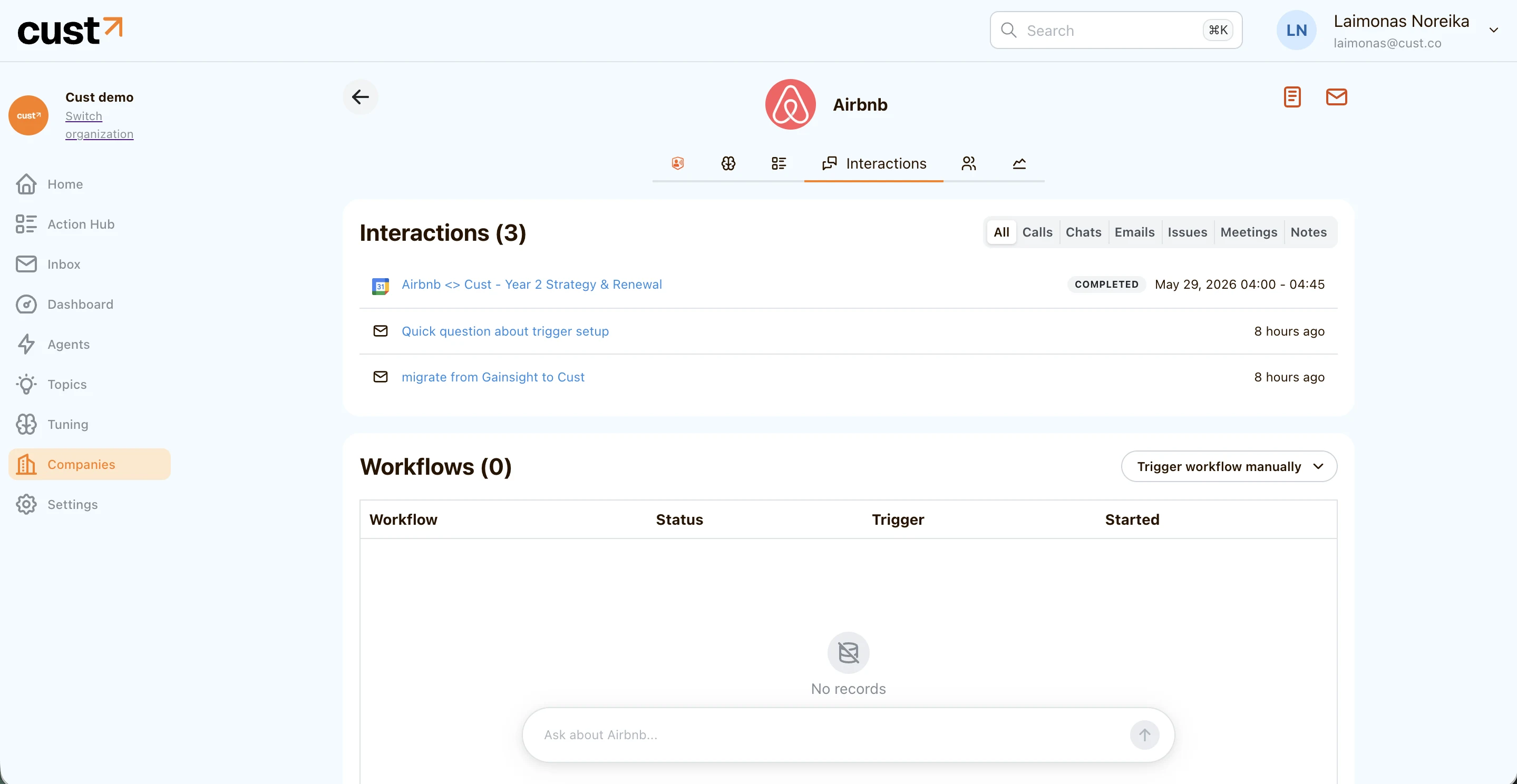 The Interactions timeline on a company record