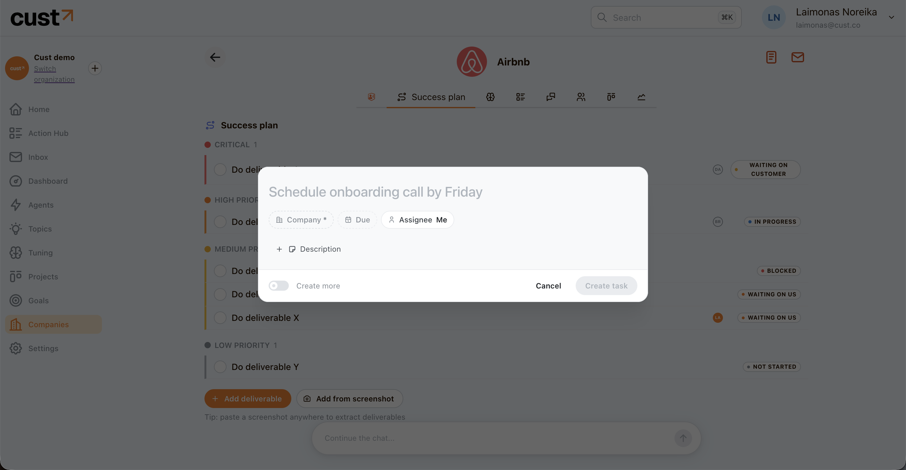 The quick-create task modal with company, assignee, and due-date pills