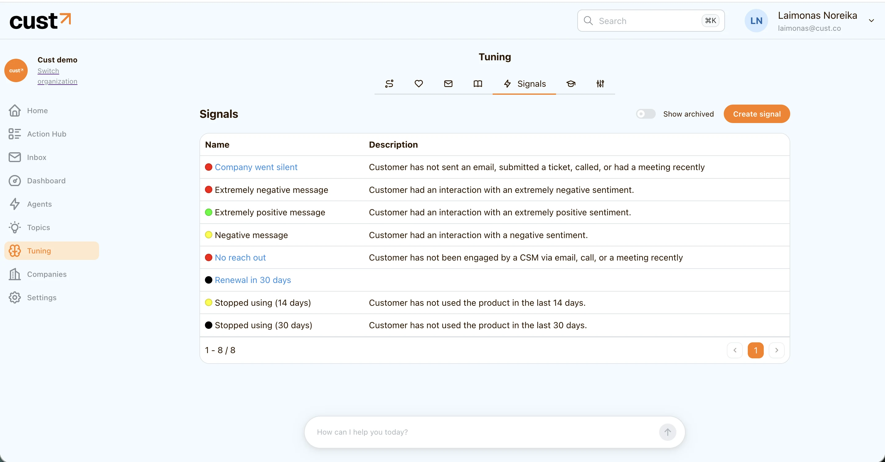 The Signals list, with built-in and custom signals