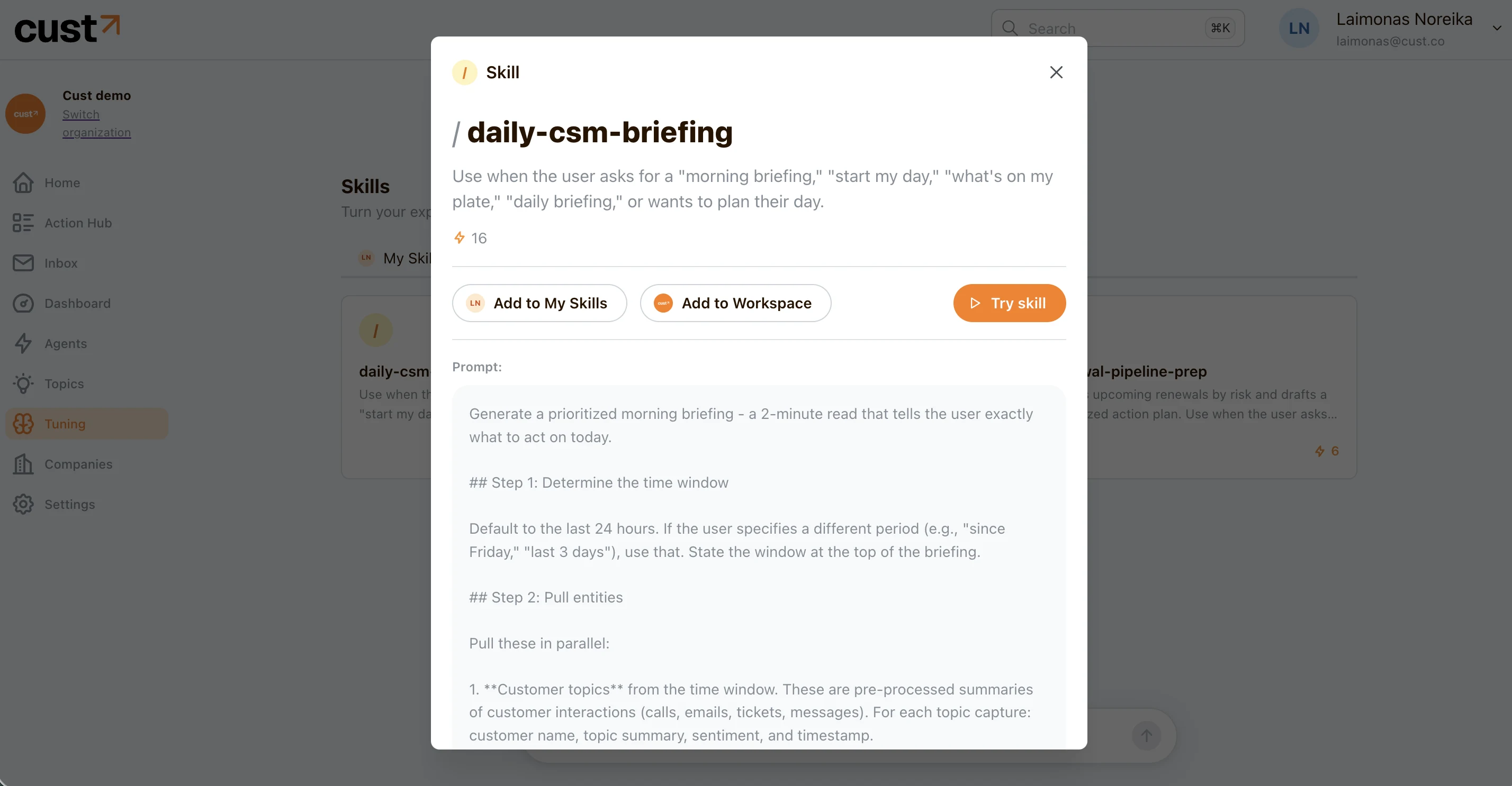 A skill's details, with its instructions and options to add it to your library or try it