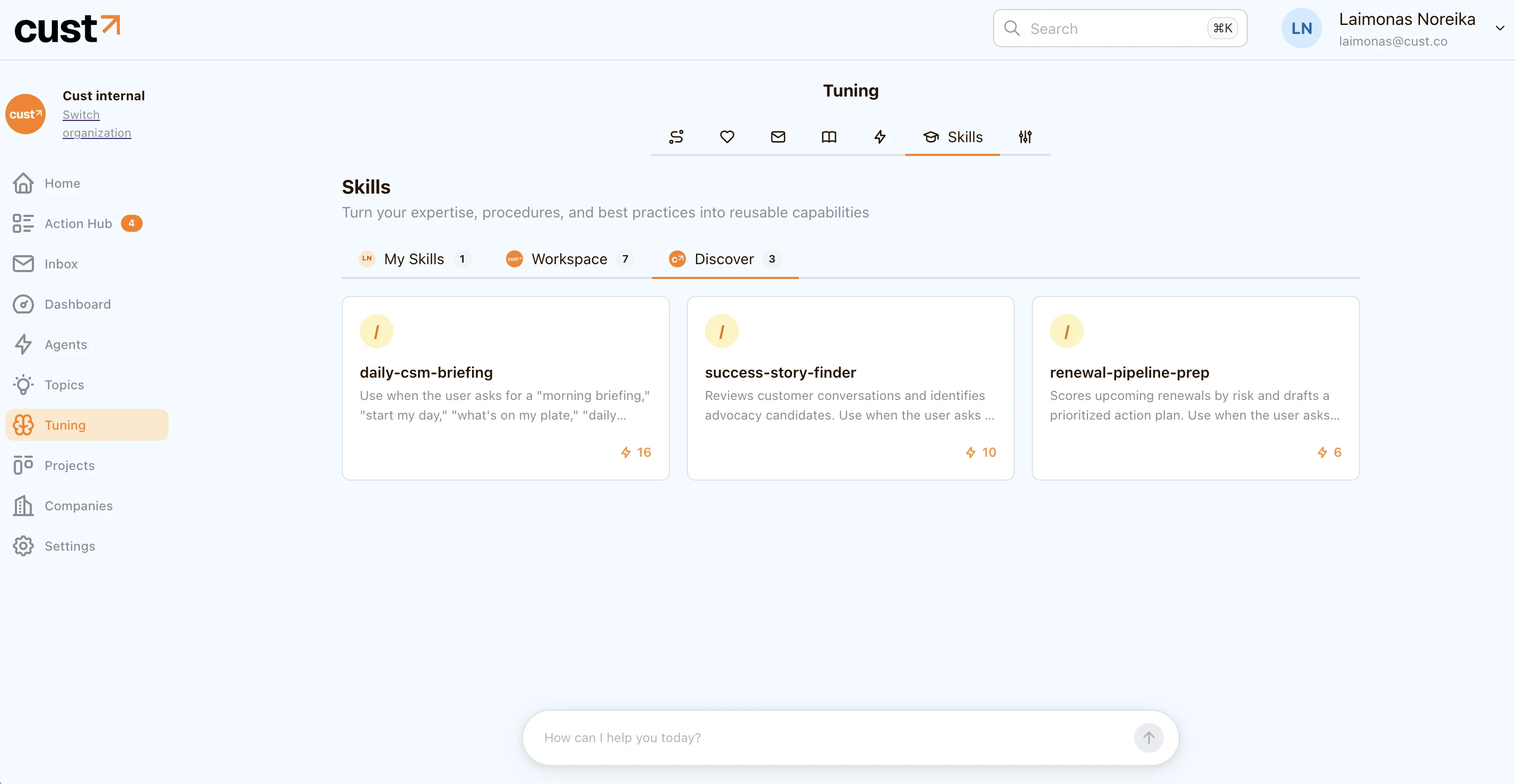 The Skills library, with the My Skills, Workspace, and Discover tabs