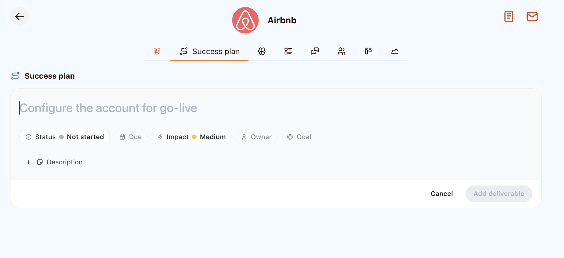 Adding a deliverable, with status, due date, impact, owner, and linked goal