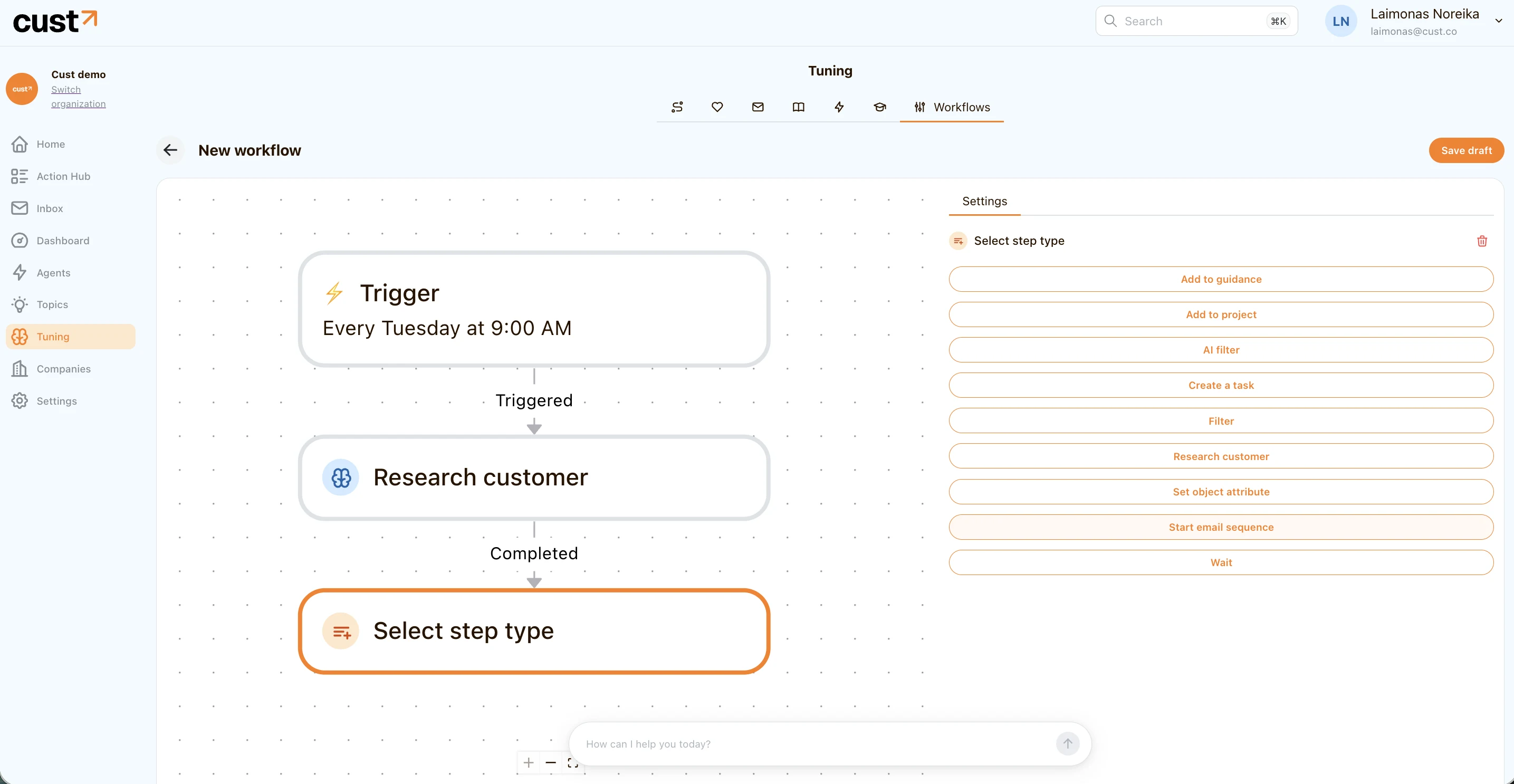 The workflow builder in Cust