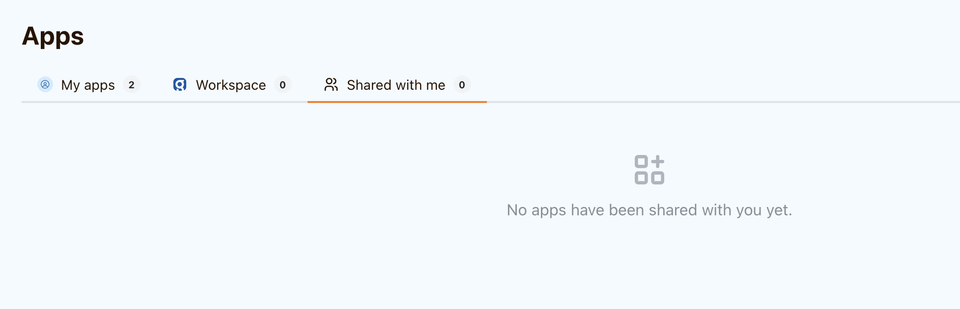 The Apps page with Shared with me selected, a count of zero, and the empty state No apps have been shared with you yet