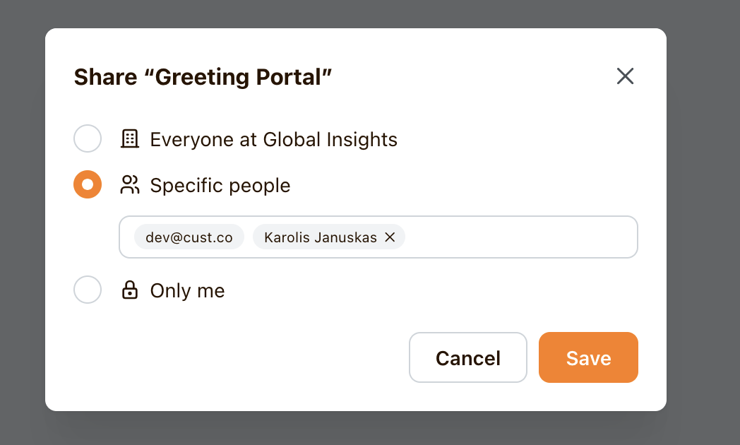 The Share Greeting Portal dialog with Specific people selected, teammate chips, and a Save button