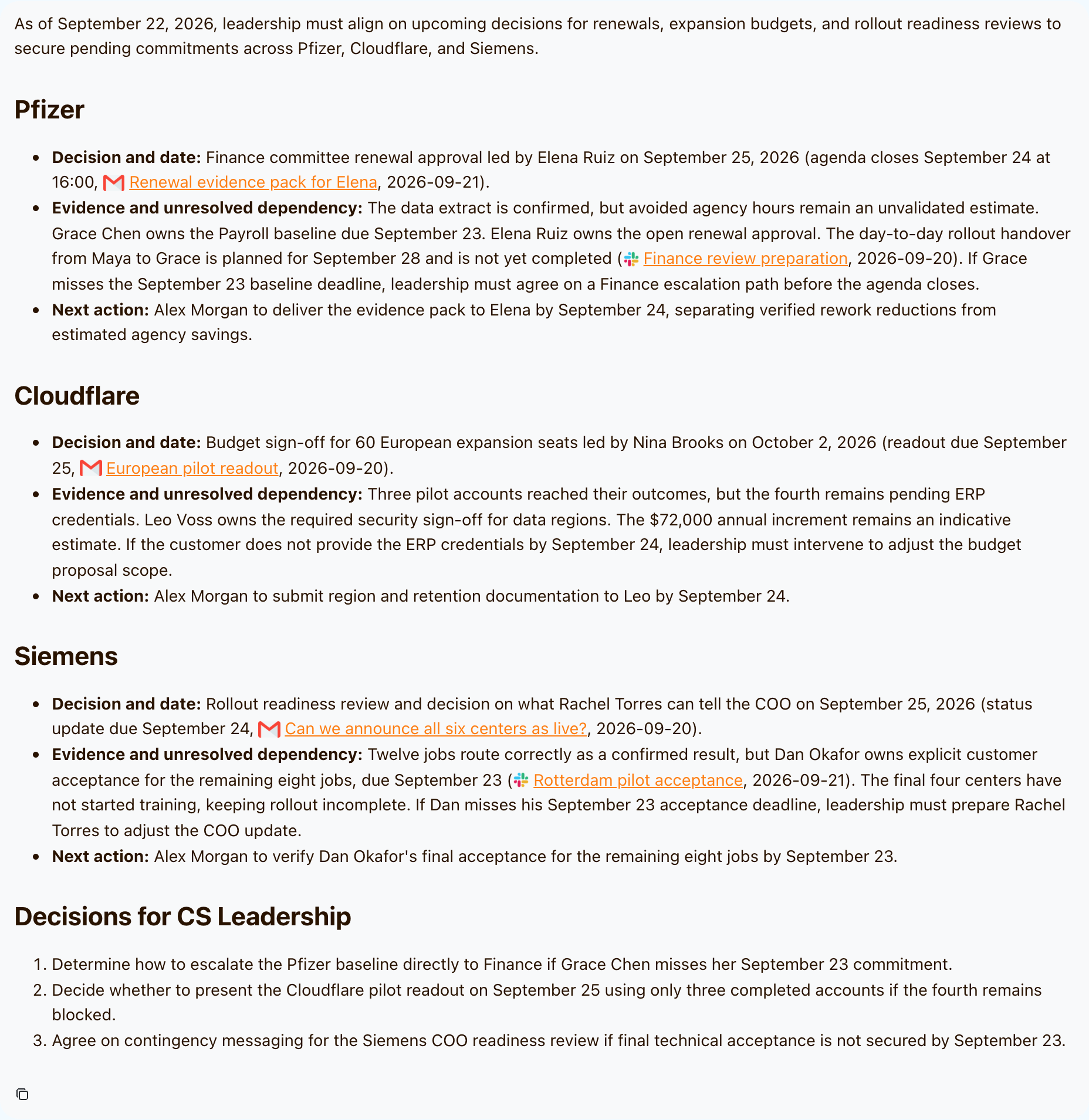 Completed agent review of Pfizer, Cloudflare, and Siemens with linked email and Slack sources, account decisions, and three questions for CS leadership