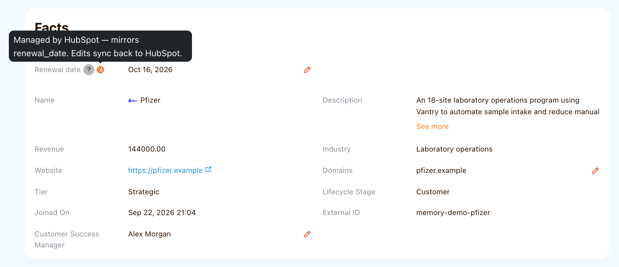 Pfizer renewal-date field with its HubSpot badge and a tooltip confirming that edits sync back to HubSpot
