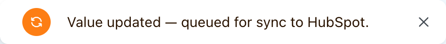 Native confirmation that the saved renewal date is queued for sync to HubSpot