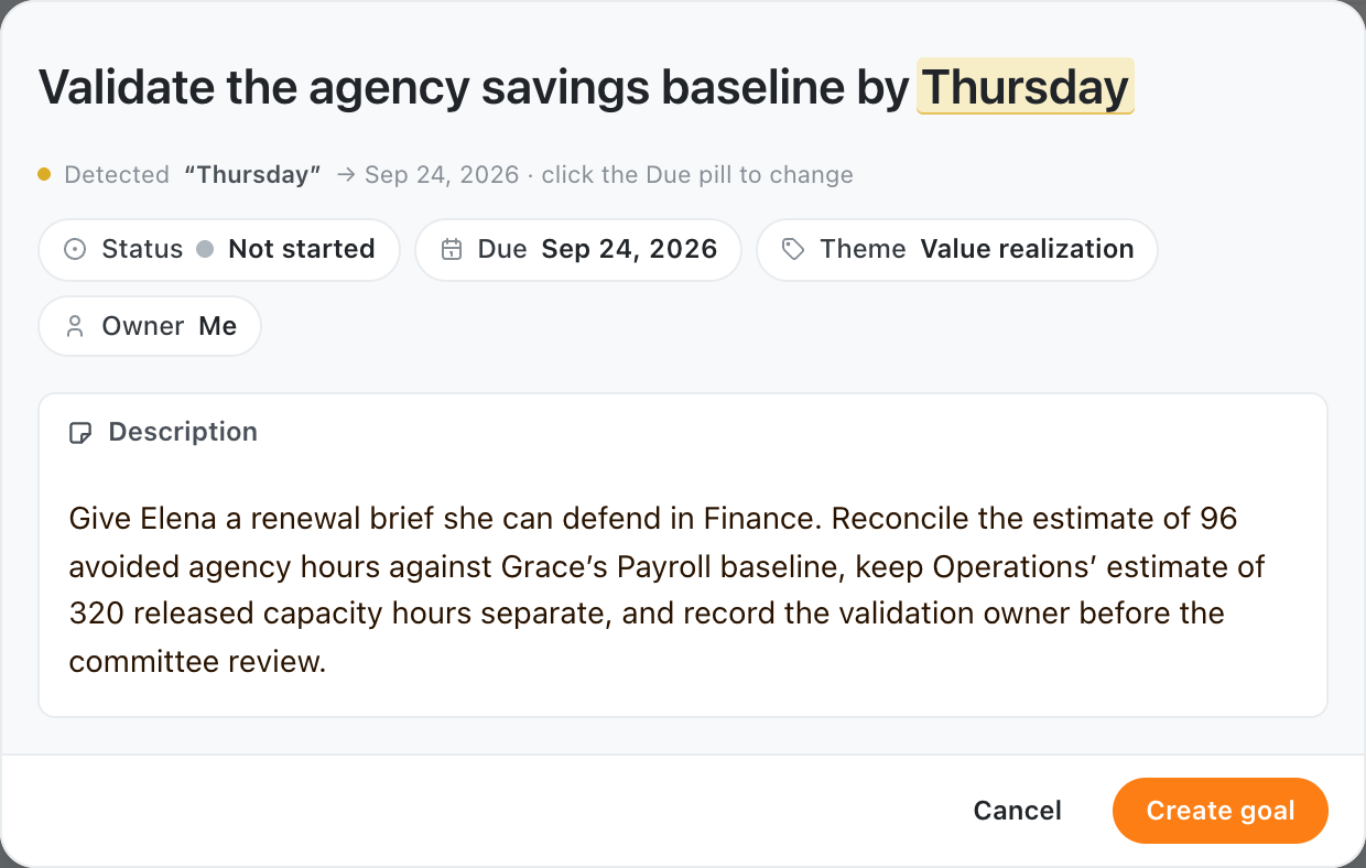A new goal to validate Pfizer's agency savings baseline, with an owner, due date, theme, and evidence requirements