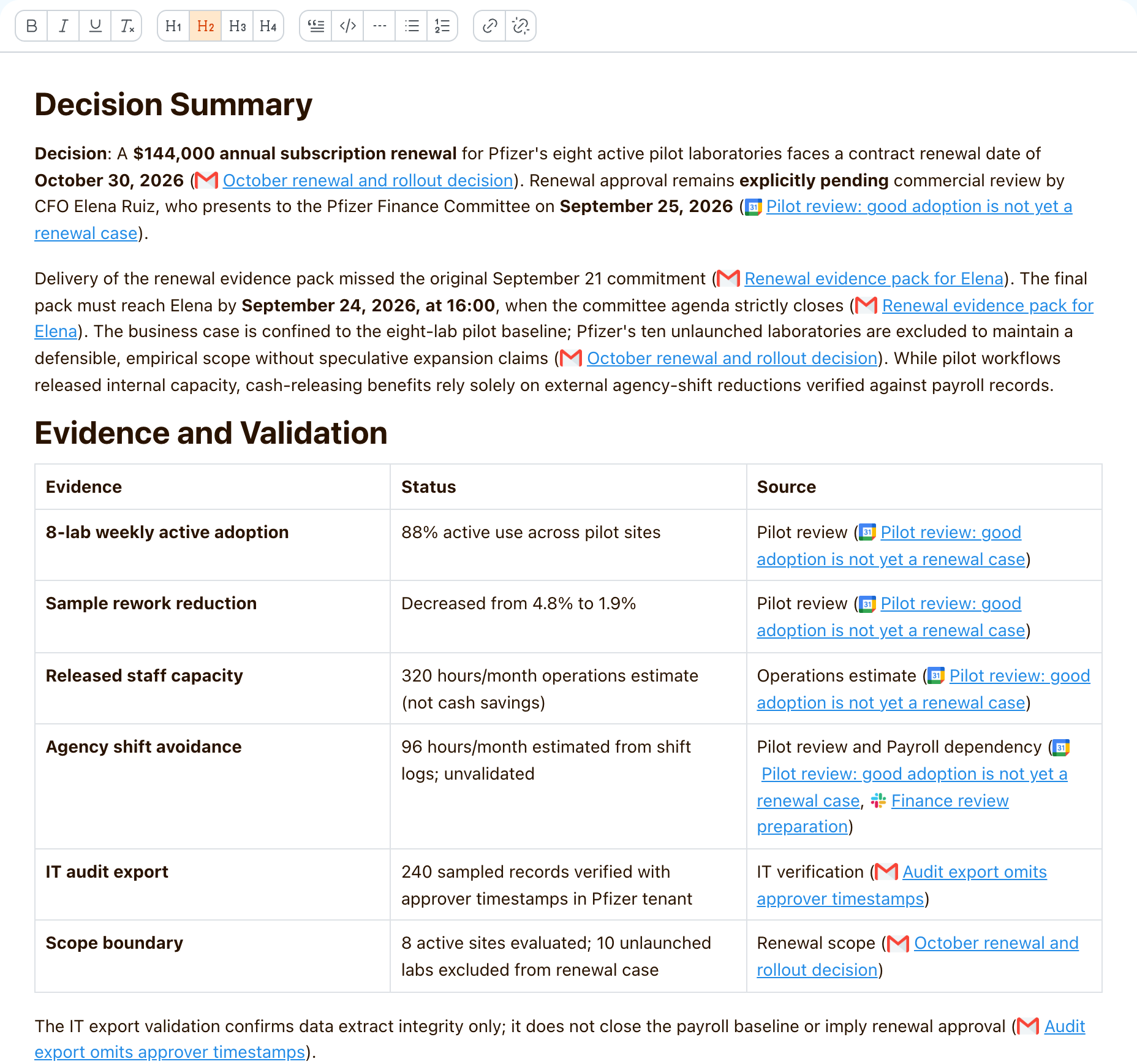 The completed Pfizer renewal brief, with measured results, estimates, and original source references