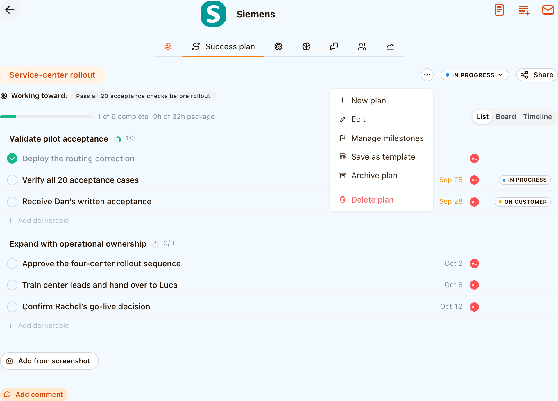 Siemens' Plan actions menu includes Save as template beside the current rollout milestones