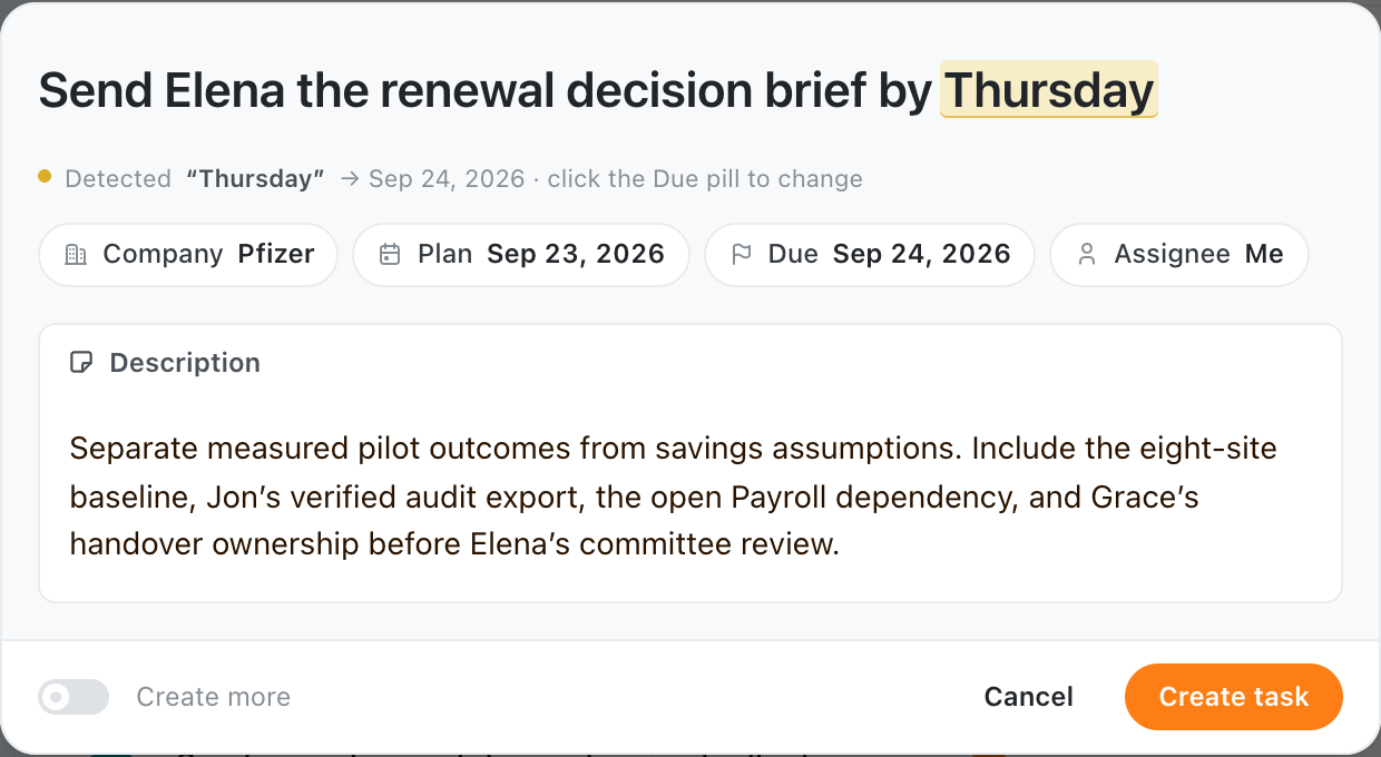 Pfizer renewal task with a September 23 planned day, September 24 deadline, assignee, and evidence to include