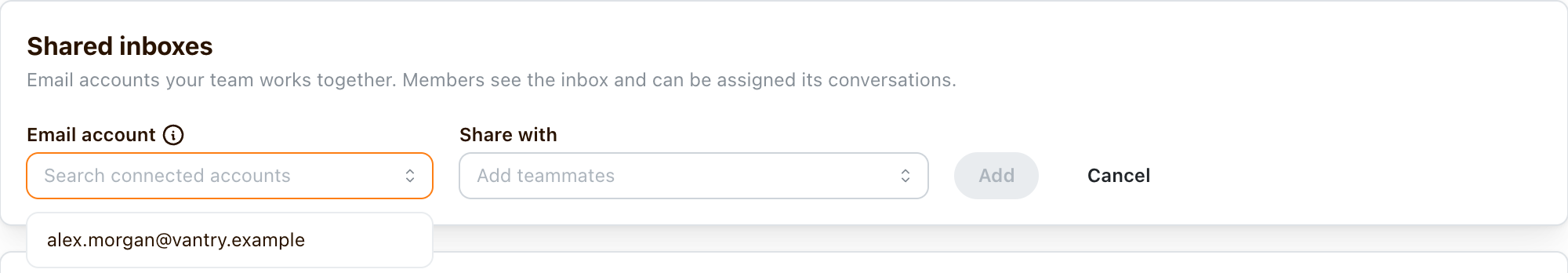 The admin's Shared inboxes form offers Alex Morgan's Vantry mailbox and a separate Share with picker