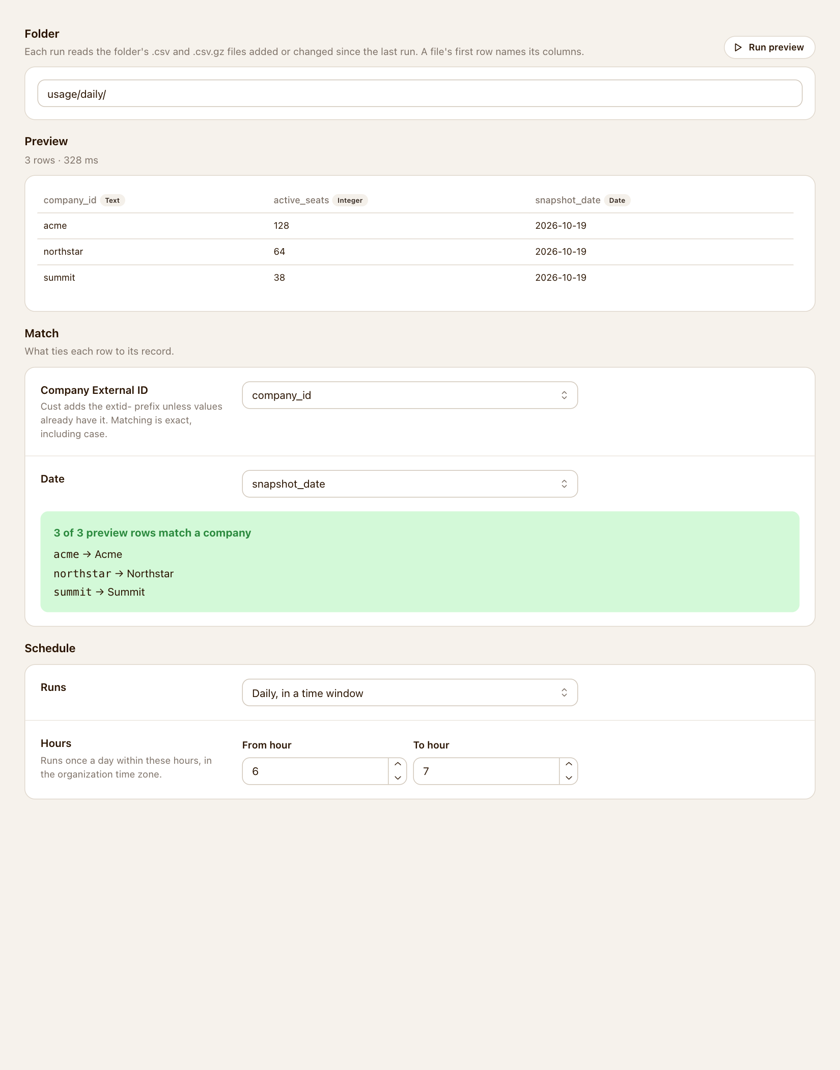 Amazon S3 folder sync with sample rows and company matching