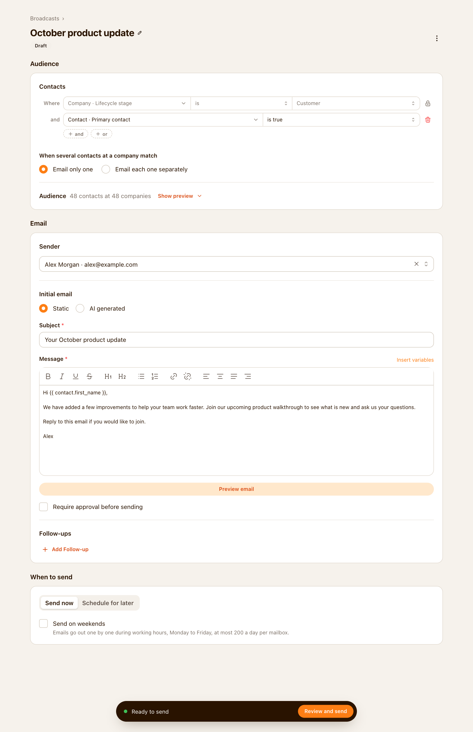 Broadcast editor showing audience, sender, and email settings