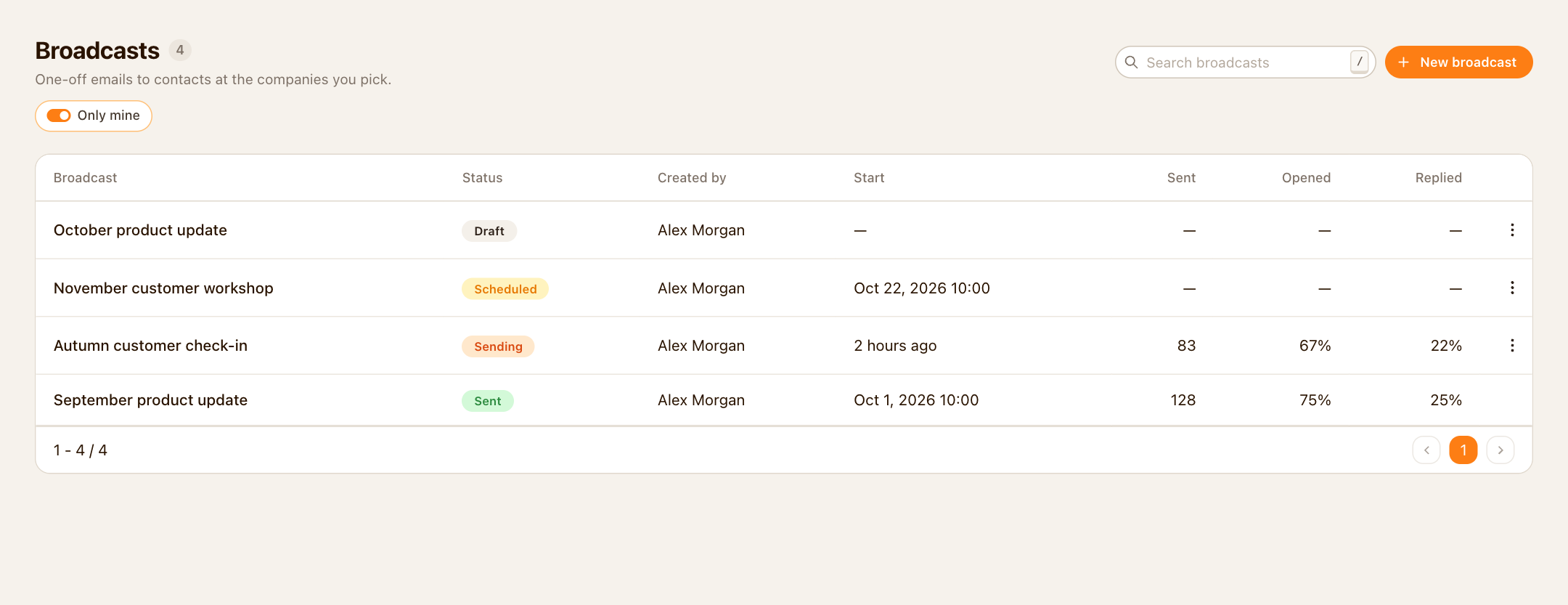 Broadcast list with status and engagement results