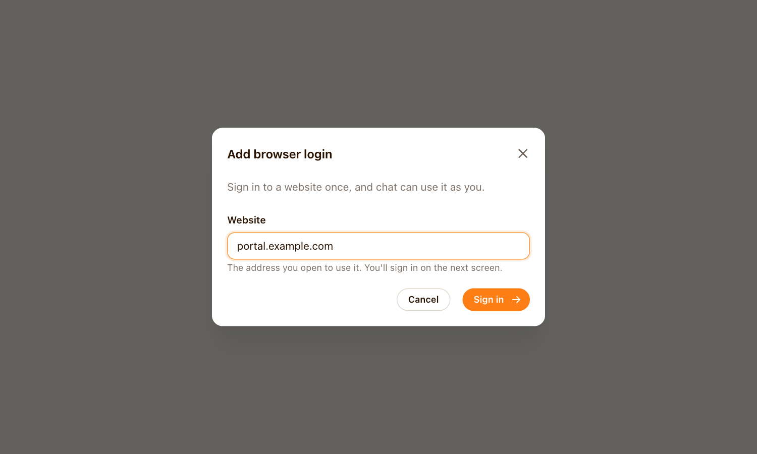 Add browser login dialog with a website address and Sign in button