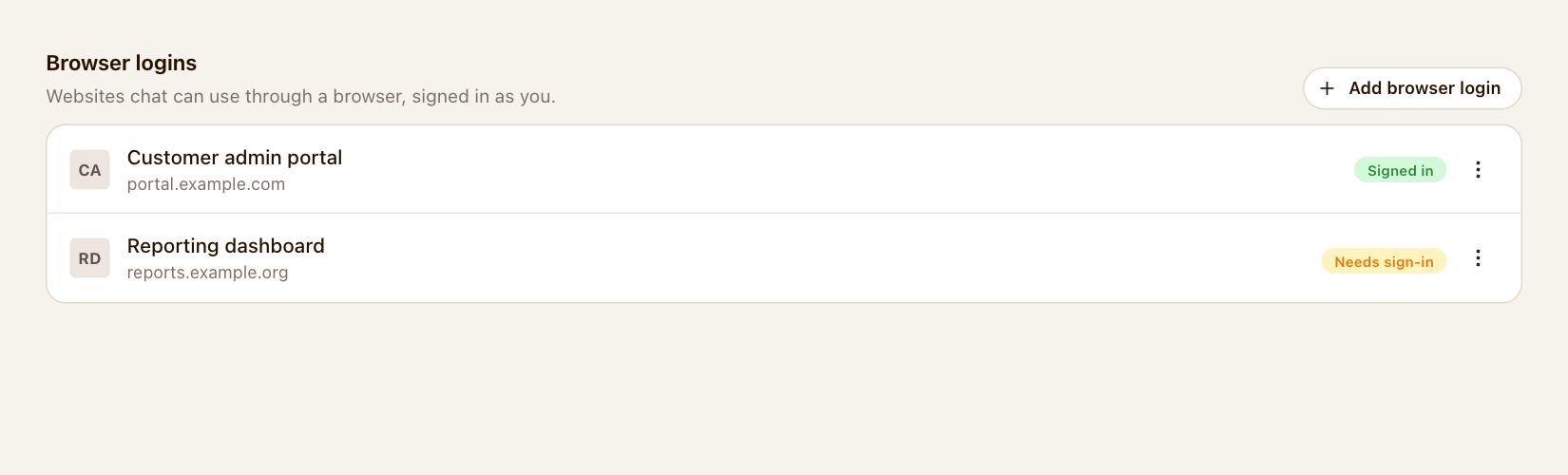 Browser logins with signed-in and needs-sign-in states
