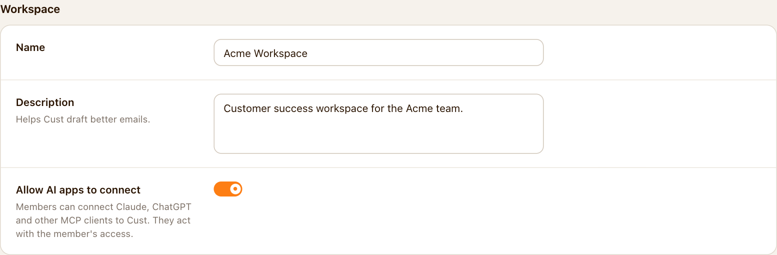General workspace settings with Allow AI apps to connect enabled