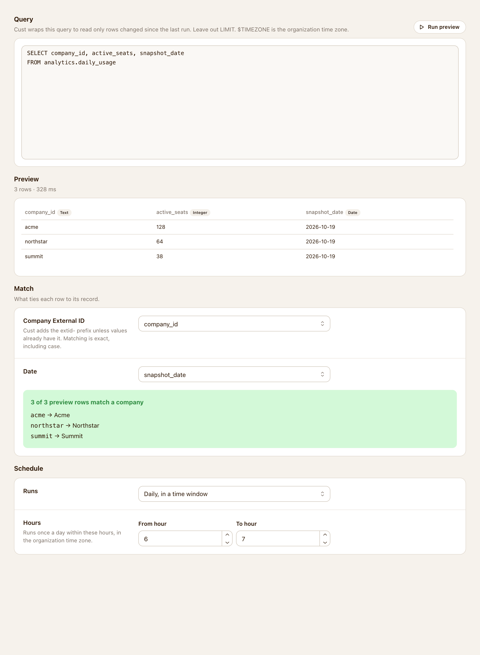 Warehouse sync editor with a SQL query, preview rows, matching columns, and schedule