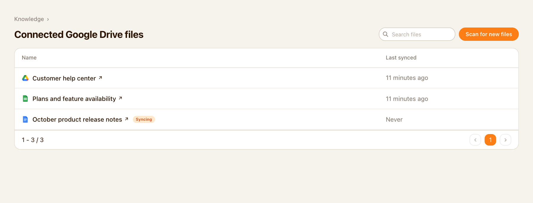 Connected Google Drive files with last-sync times and source status