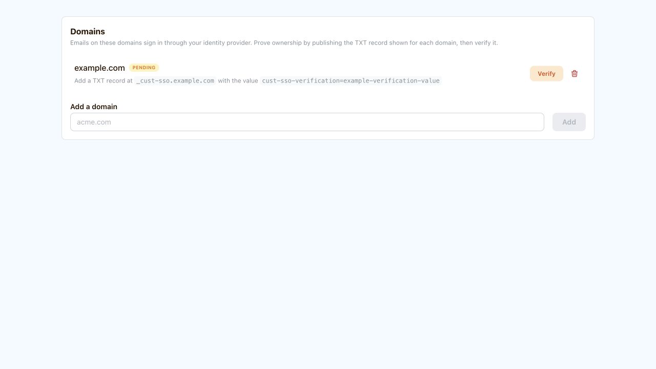 Cust Domains settings showing an example domain awaiting verification, its TXT host and value, and the Verify button.