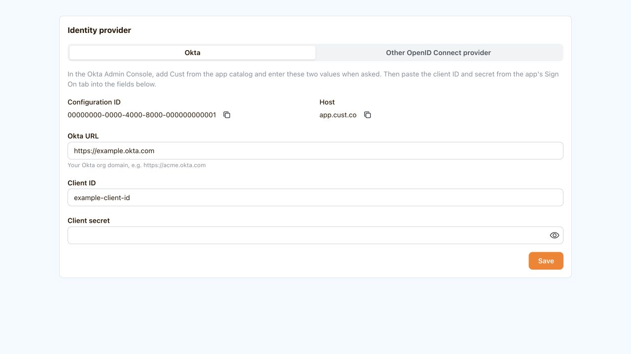 Cust Identity provider settings with Okta selected, showing Configuration ID, Host, Okta URL, Client ID, and Client secret fields with example values.