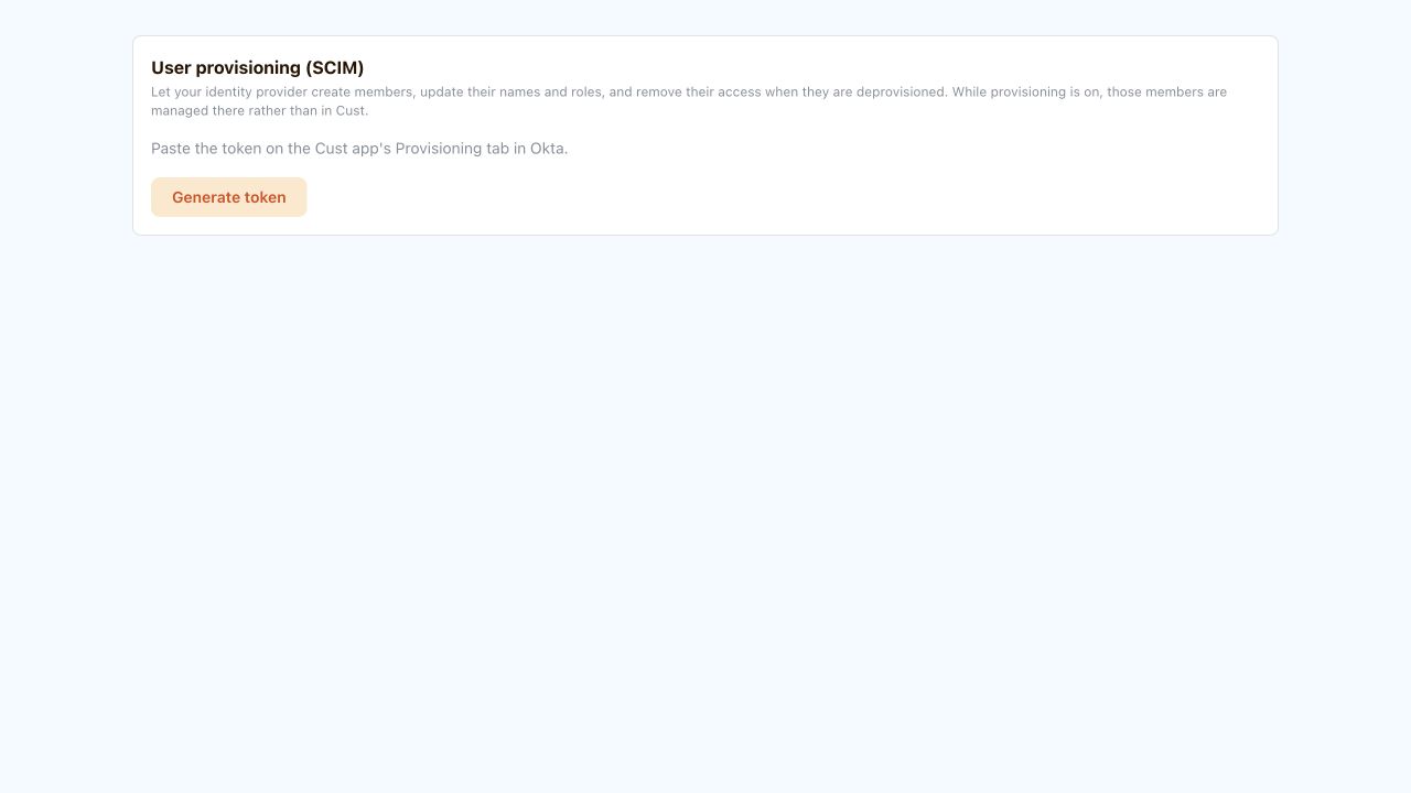 Cust User provisioning (SCIM) settings for Okta, showing the Generate token button and instructions for entering the token in Okta.