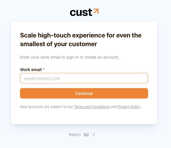 Cust sign-in page showing the Work email field and Continue button, with the EU region selected.