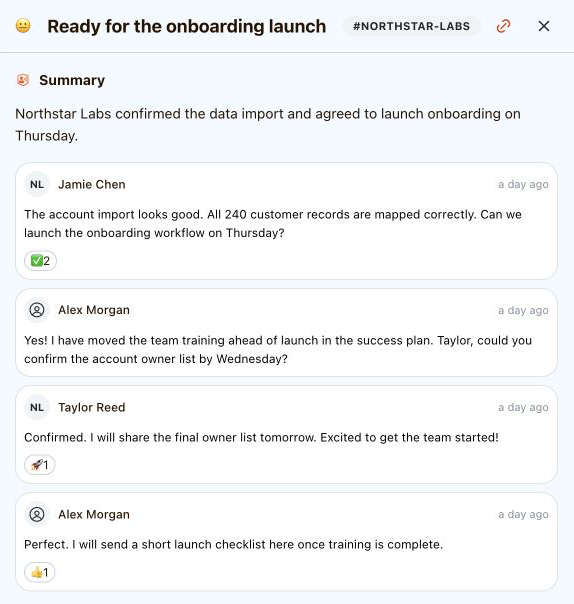 Northstar Labs onboarding conversation in Cust, showing the summary, four messages, and emoji reactions