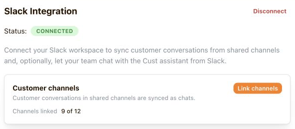 Connected Slack integration with the Customer channels panel and Link channels button