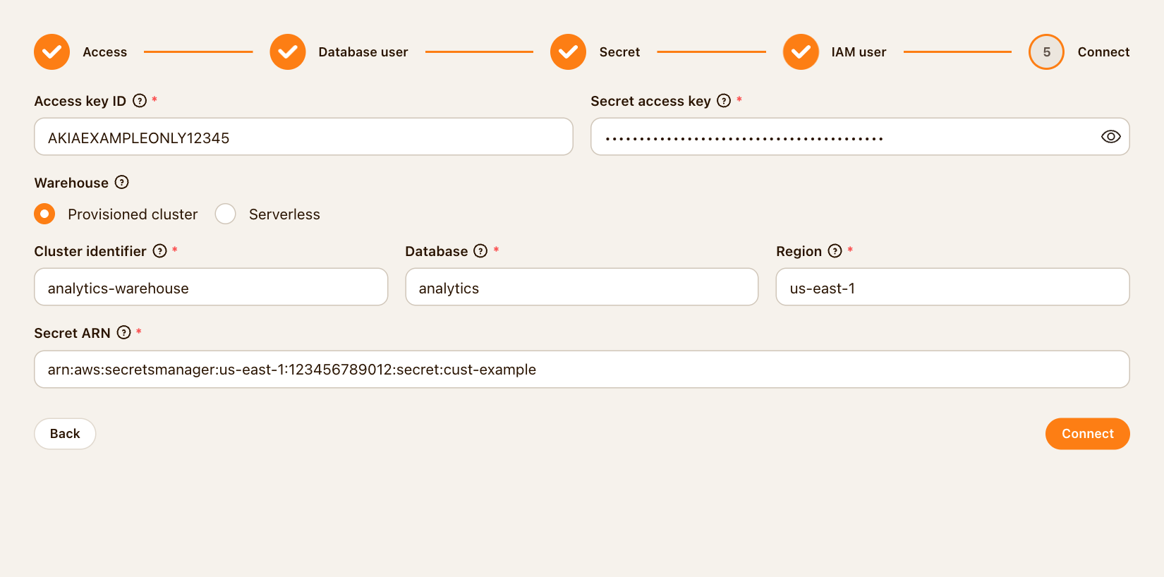 Redshift connection wizard showing the setup steps and required access