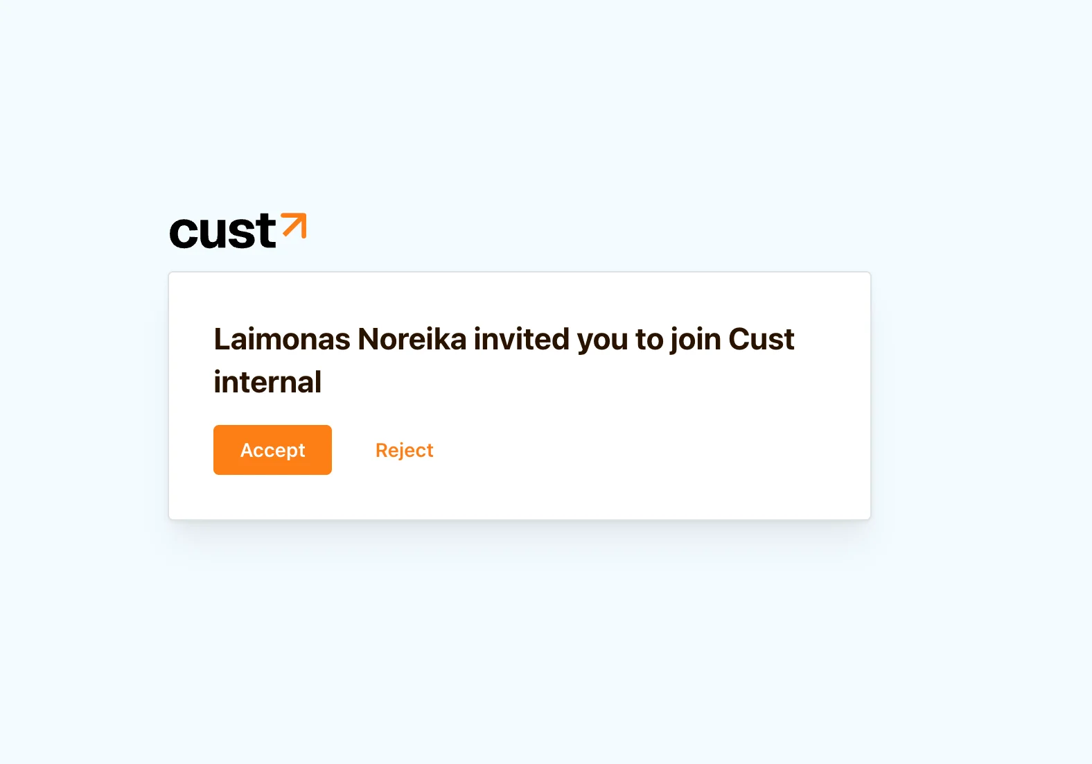 Cust invitation acceptance page with Accept and Reject buttons