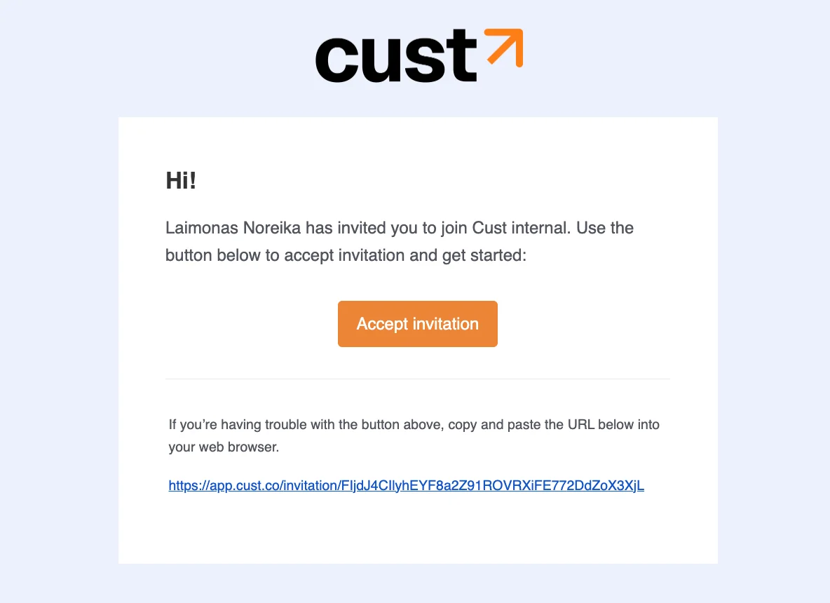 Cust invitation email with an Accept invitation button
