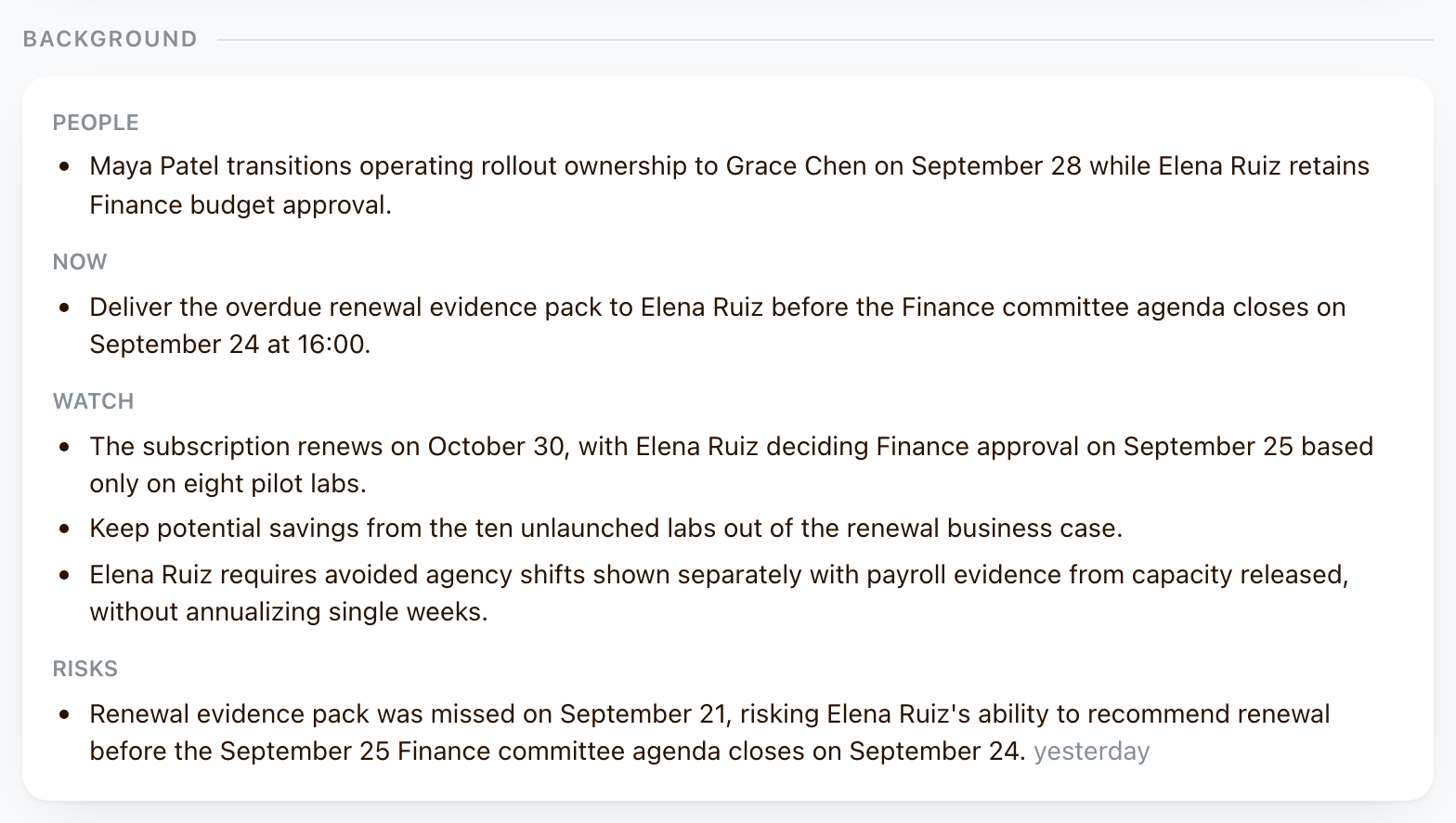Pfizer’s stakeholder transition, current priority, and Finance requirements stay visible