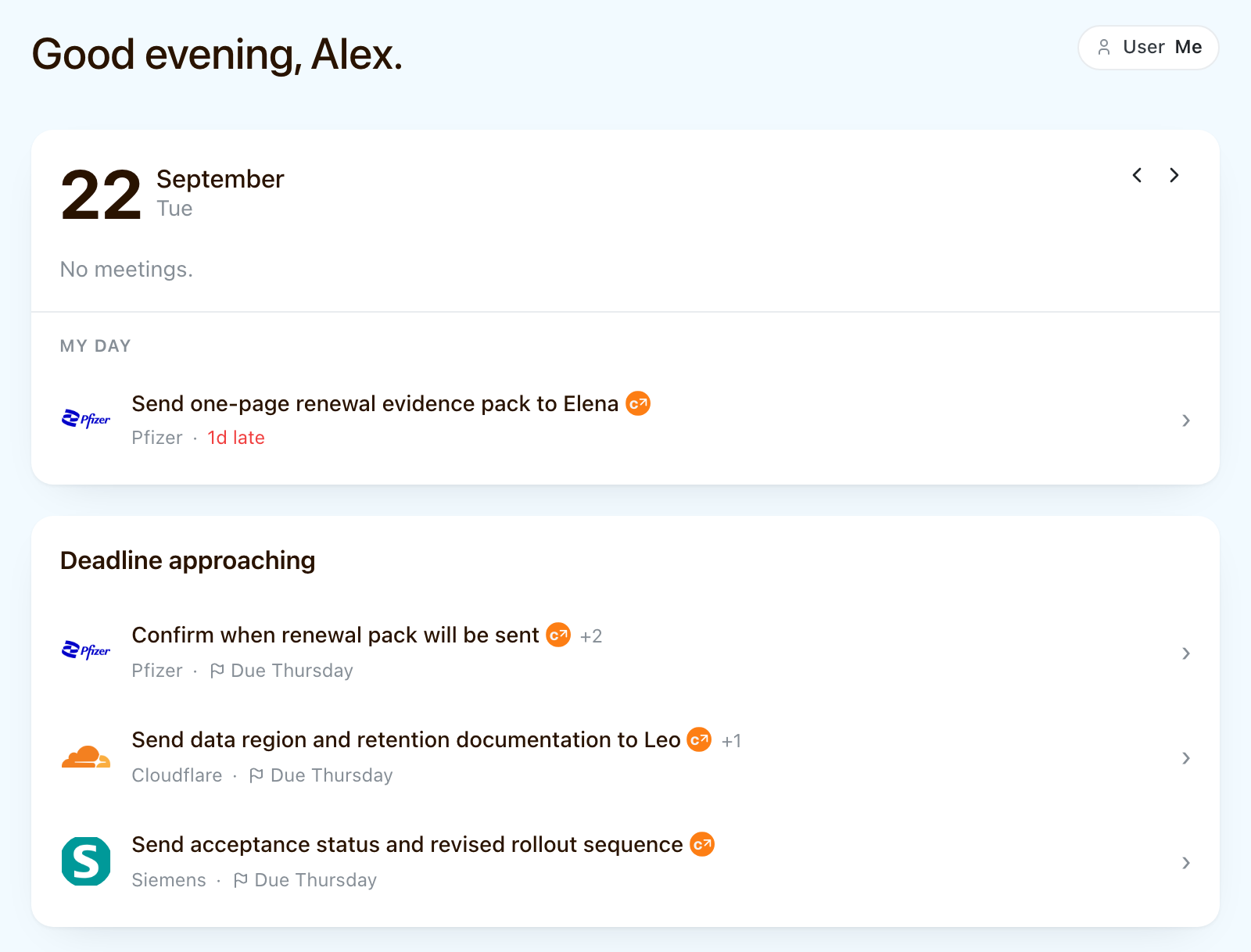 Start on Home with planned work and upcoming commitments across your accounts