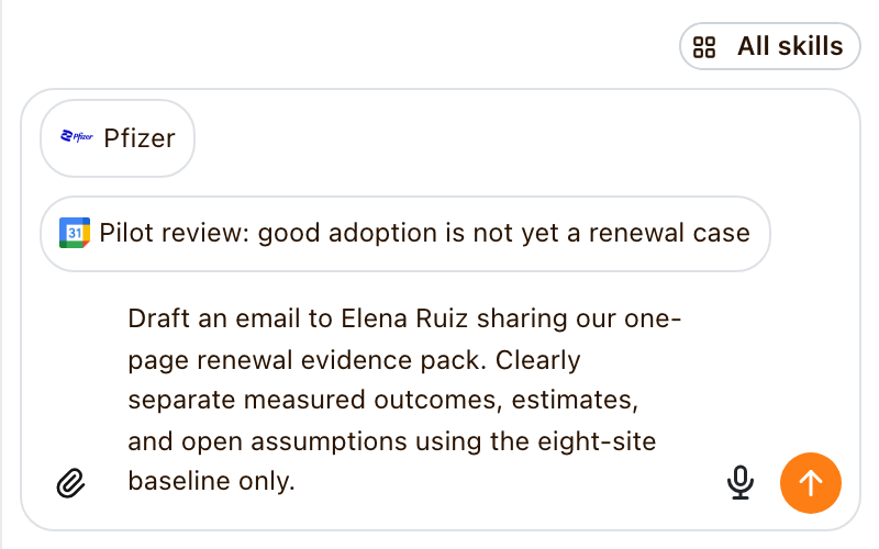 The Assistant opens with Pfizer and the source conversation attached to the suggested prompt