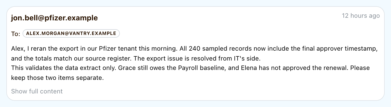 Jon’s reply verifies the export and explicitly keeps Payroll and renewal approval separate