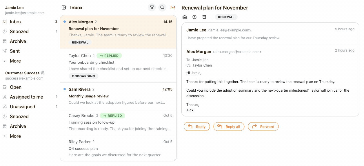 Opening renewal, onboarding, and usage conversations, then marking the usage review unread from its row