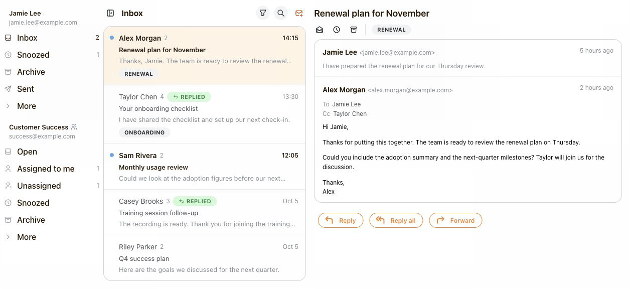 Snoozing Alex Morgan's renewal conversation until tomorrow at 09:00, then opening it in the Snoozed folder