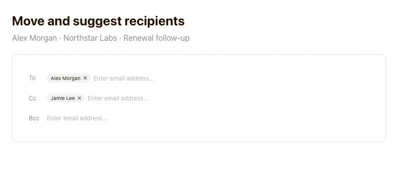 Moving Jamie Lee from Cc to Bcc, then choosing Taylor Chen from thread-participant suggestions to add them to To