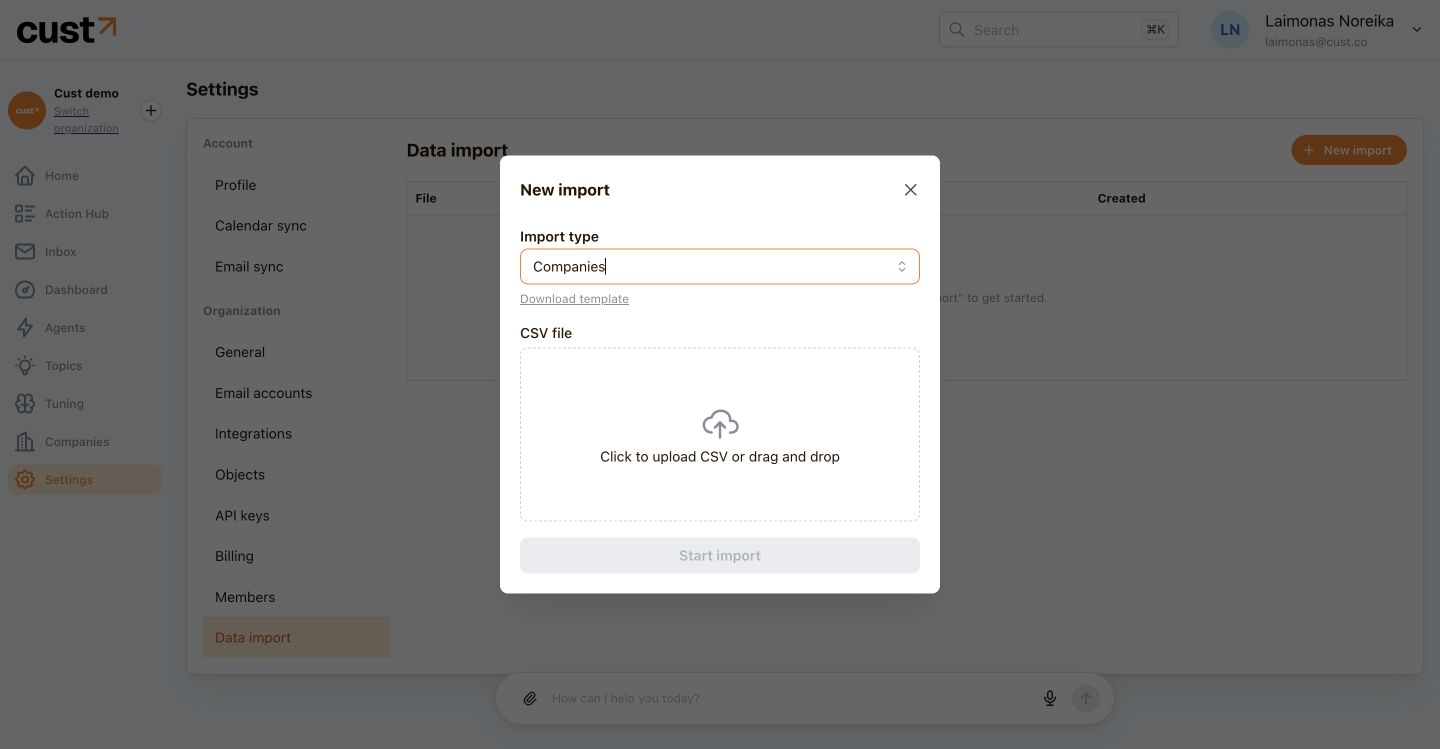 Company CSV import with the template download and file upload controls
